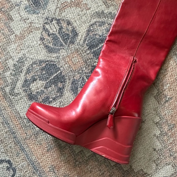 2014 Prada Vitello Leather Rubber-Wedge Knee Boot, Scarlatto - Picture 3 of 8